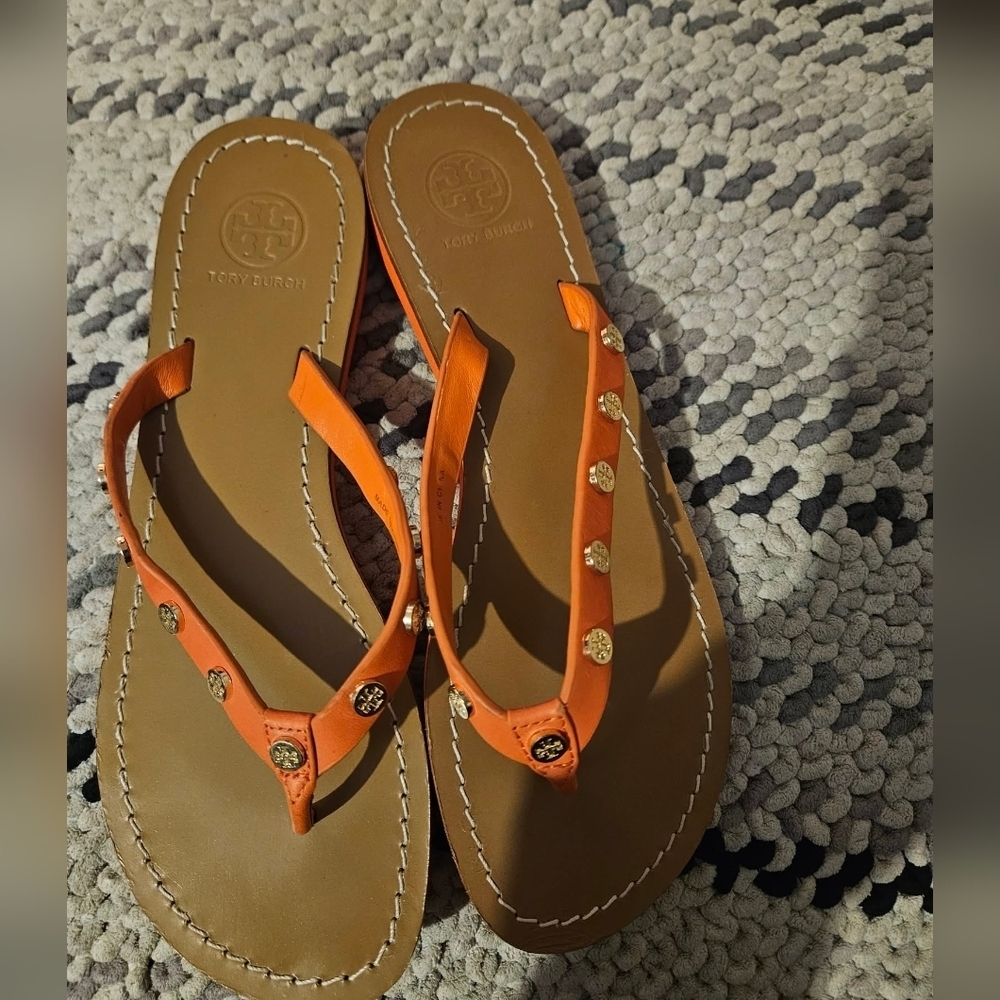 TORY BURCH RICKI FLIP FLOP VEG LEATHER POPPY RED ORANGE